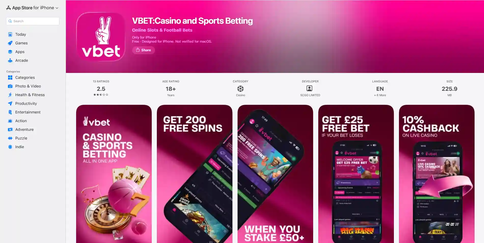 Official VBET UK App Store listing showing SCGO LIMITED as developer
