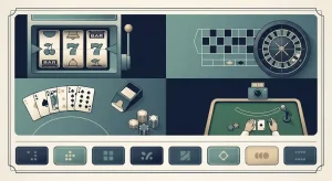 Editorial casino category map with abstract slot reels, roulette, blackjack cards and live table symbols