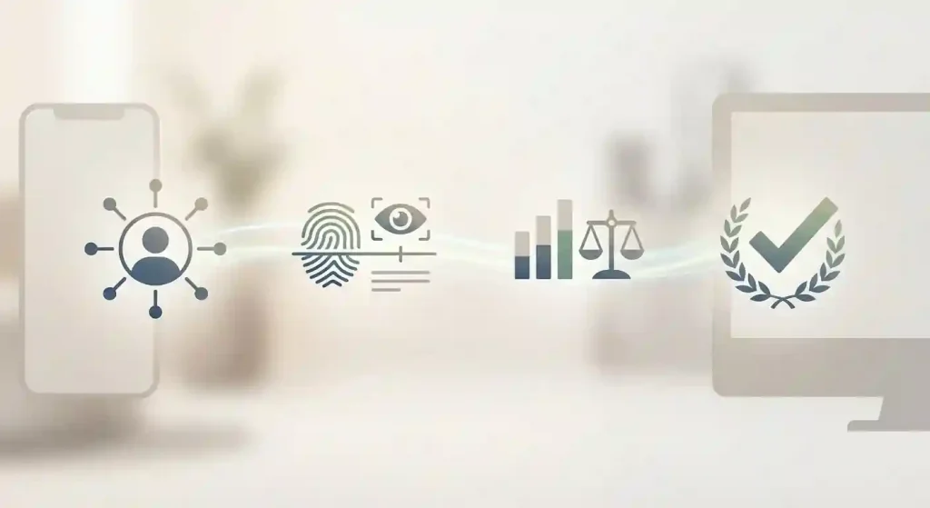 Neutral account onboarding illustration with account details, identity check, financial limit setup and verified account state