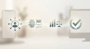 Neutral account onboarding illustration with account details, identity check, financial limit setup and verified account state