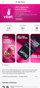 Official VBET UK App Store listing showing the VBET app and SCGO LIMITED as developer