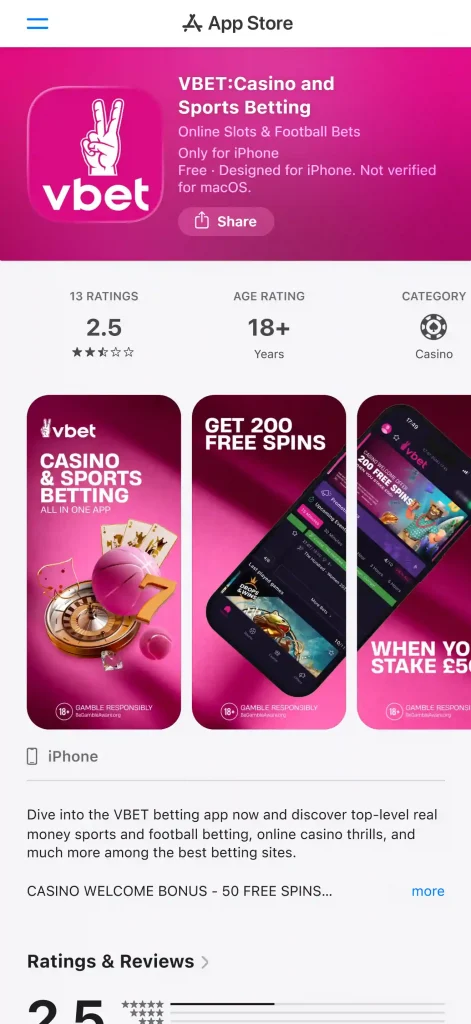 Official VBET UK App Store listing showing the VBET app and SCGO LIMITED as developer