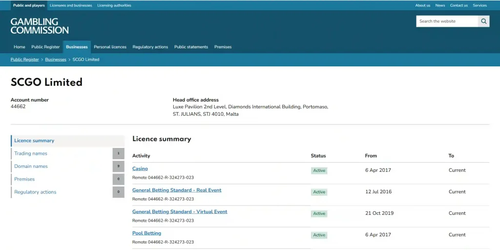 UK Gambling Commission public register entry for SCGO Limited and VBET