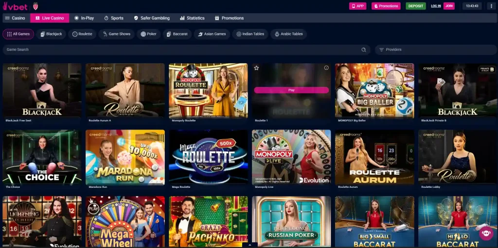 VBET UK live casino lobby with roulette, blackjack and live-table categories