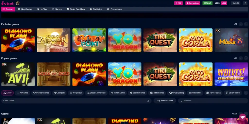 VBET UK slots lobby with slot categories and provider navigation