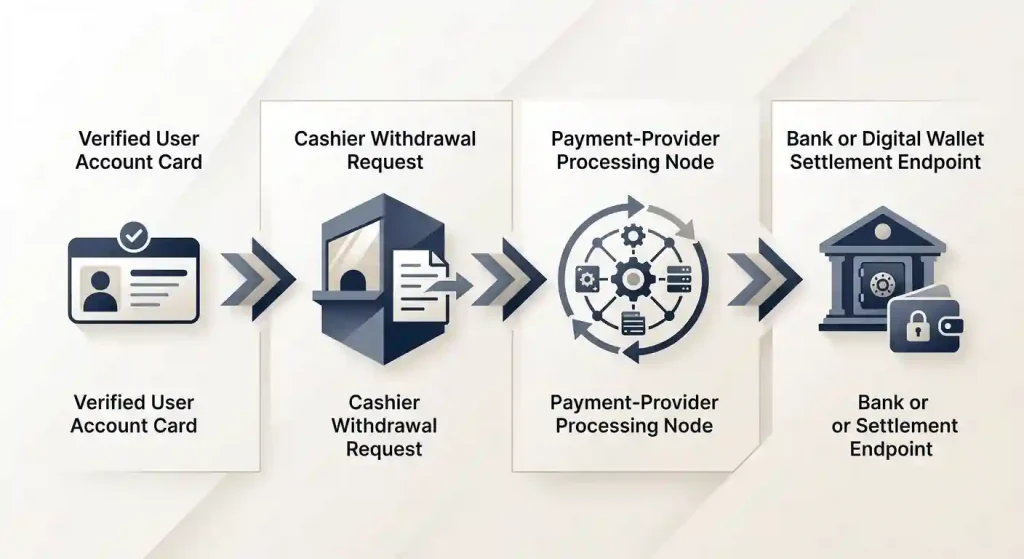 Withdrawal flow from a verified casino account to a cashier request and payment-provider settlement