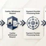 Withdrawal flow from a verified casino account to a cashier request and payment-provider settlement